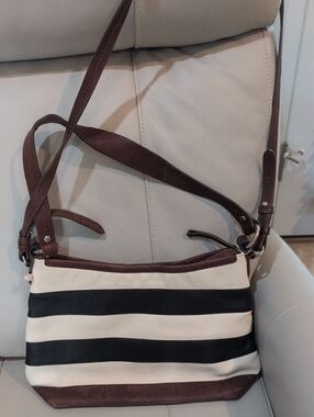 RADLEY LONDON Black and Cream Striped  Leather Crossbody with Brown Leather Trim